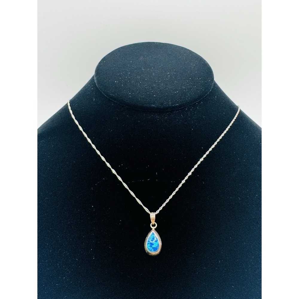 Sterling Silver 925 Blue Opal Teardrop Pendant Necklace Italy Chain